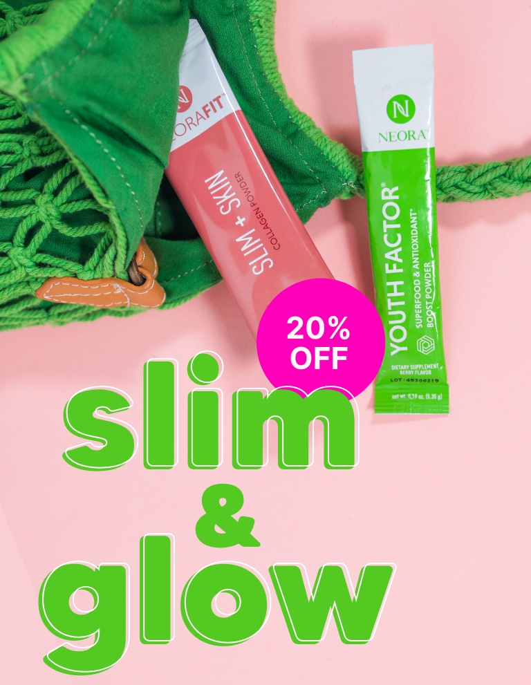 Neora’s Slim & Glow Set featuring Youth Factor Superfood & Antioxidant Boost Powder and NeoraFit Slim + Skin Collagen Powder coming out of a green bag